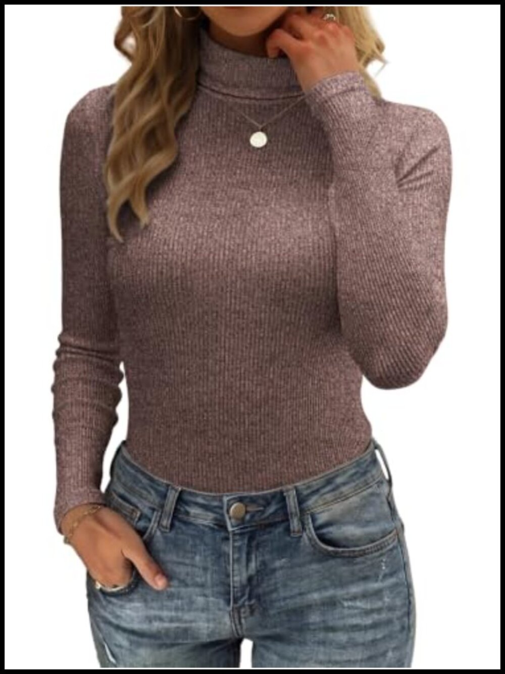 Women Long Sleeve Turtleneck Ribbed Slim Fit Polyester Blend Fall Layering Shirt